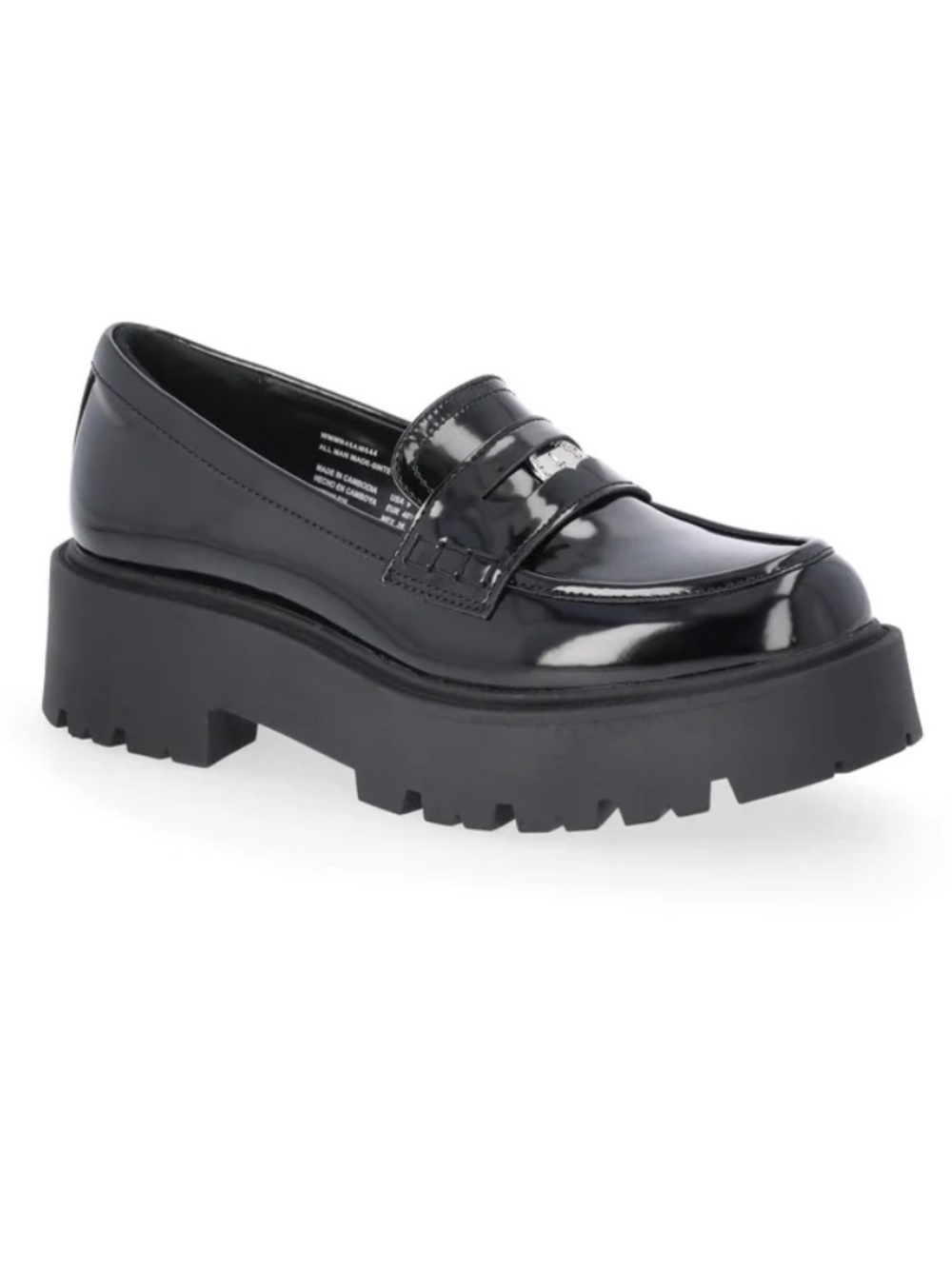 Madden NYC Platform Lug Sole Penny Loafers in shiny black patent finish.